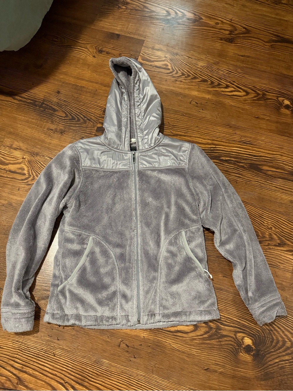 The North Face Light Gray Hooded Fleece Jacket with Puffer Trim